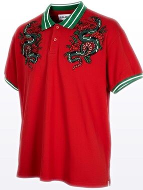 Reason Red Polo with Green Trim and Embroidered Snake Motif
